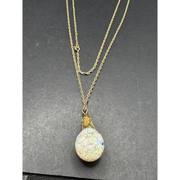 SOLID 14k Yellow Gold Filled Floating Opal Chip Pendant w/ 1/20 12K Necklace - Picture 1 of 16
